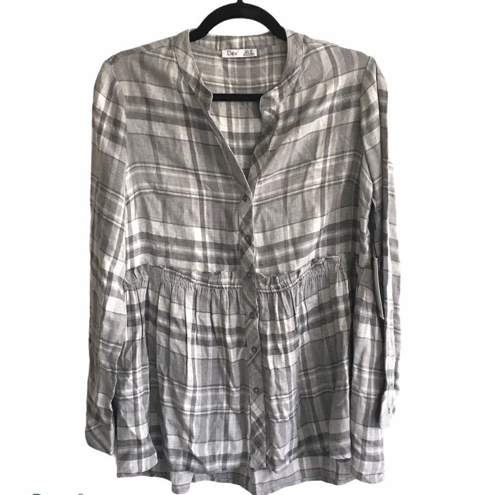 DEX Cotton Plaid Button Front Peplum Blouse Grey XS